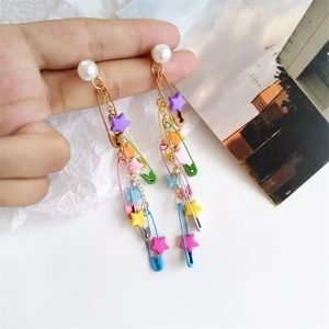 Colorful Stars Pins Tassel Stud Drop Earrings